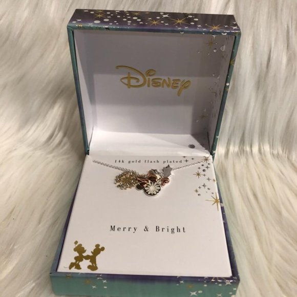 Disney Tri-Tone Rose Gold Crystal Mickey Minnie Snowflake Charm Necklace - Picture 1 of 10